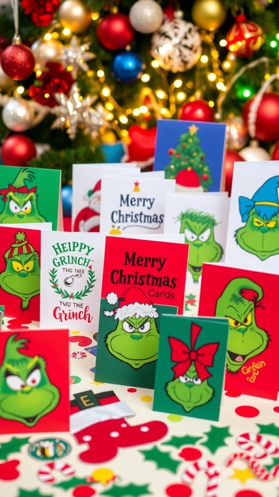 Grinch-Themed Christmas Card Ideas A variety of Grinch-themed Christmas cards on a table with festive decorations.